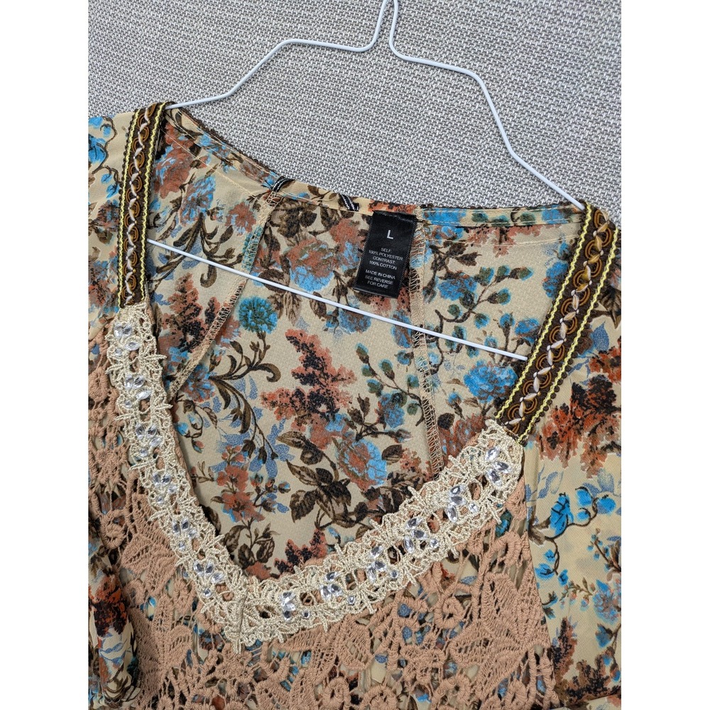 Tunic Blouse Womens Large Beige Floral Crochet Lace Sheer Beaded V Neck Boho